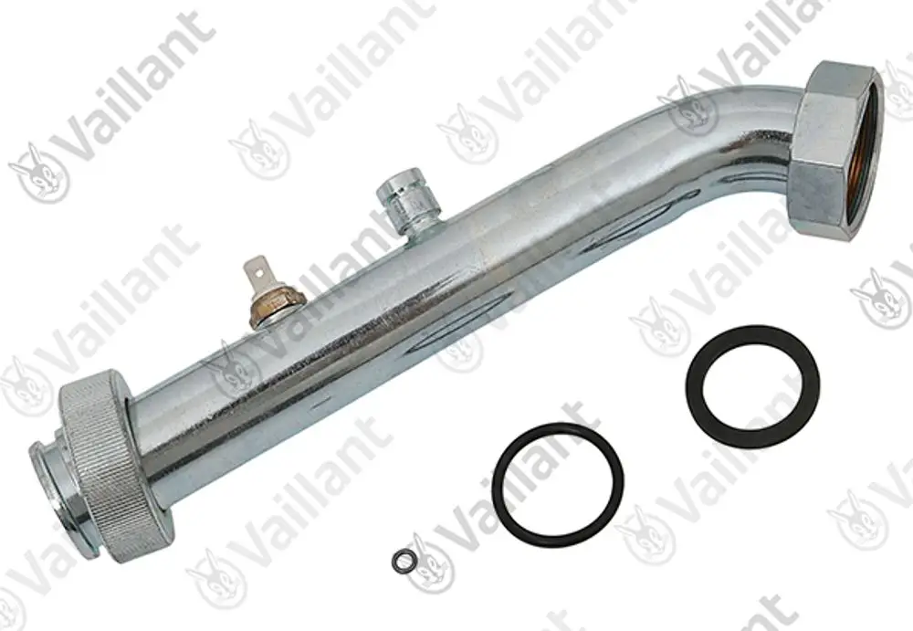 Vaillant Rohr mit gebogenem Design, ausgestattet mit verschiedenen Anschlüssen und Dichtungen, geeignet für Heizungs- oder Warmwasseranwendungen.